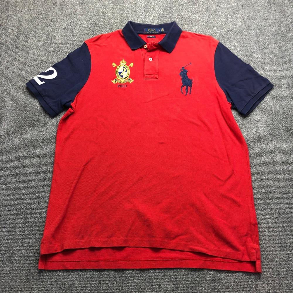 Polo Ralph Lauren Mens Big Pony Crest Polo Shirt Red Navy Blue Classic Fit L